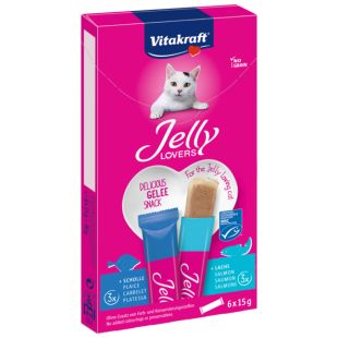 VITAKRAFT Jelly Lovers kačių pašaro papildas - skanėstai su lašiša ir plekšnėmis 6x15 g