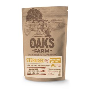 OAK'S FARM suaugusių sterilizuotų kačių sausas begrūdis pašaras su lašiša ir kriliu 400 g