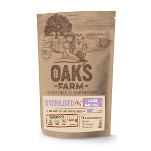 OAK'S FARM suaugusių sterilizuotų kačių sausas begrūdis pašaras su ėriena 400 g