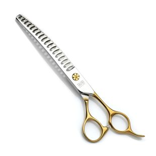TAURO PRO LINE žirklės filiravimui 18  cm, lenktos, 18 dantukų  440c nerūdijančiojo plieno, auksinės rankenėlės