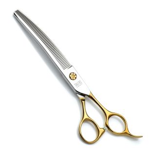 TAURO PRO LINE žirklės filiravimui lenktos, 18  cm, 56 dantukų, 440c nerūdijančio plieno, auksinės rankenėlės