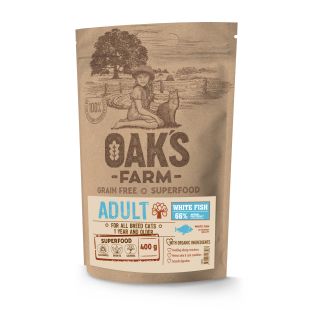 OAK'S FARM suaugusių kačių sausas begrūdis pašaras su balta žuvimi 400 g