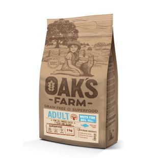 OAK'S FARM suaugusių kačių sausas begrūdis pašaras su balta žuvimi 2 kg