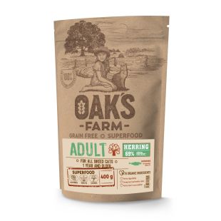 OAK'S FARM suaugusių kačių sausas begrūdis pašaras su silke 400 g