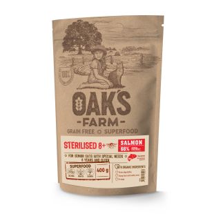 OAK'S FARM senstančių sterilizuotų kačių sausas begrūdis pašaras su lašiša 400 g