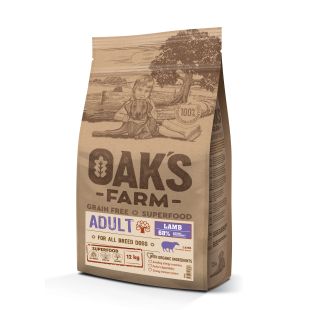 OAK'S FARM suaugusių visų veislių šunų sausas begrūdis pašaras su ėriena 12 kg