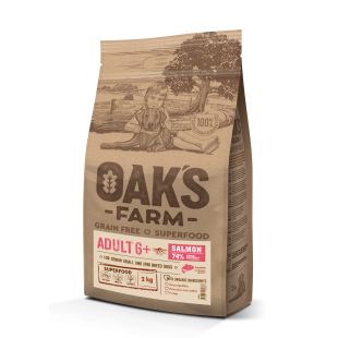 OAK'S FARM senstančių mažų ir labai mažų veislių šunų sausas begrūdis pašaras su lašiša 2 kg