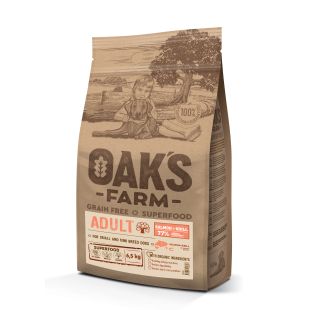 OAK'S FARM suaugusių mažų ir labai mažų veislių šunų sausas begrūdis pašaras su lašiša ir kriliu 6.5 kg