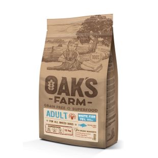 OAK'S FARM suaugusių visų veislių šunų sausas begrūdis pašaras su balta žuvimi  12 kg