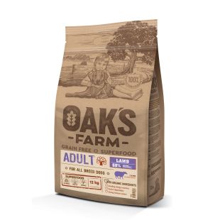 OAK'S FARM suaugusių visų veislių šunų sausas begrūdis pašaras su ėriena 12 kg x 2