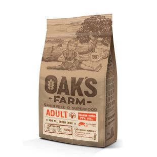 OAK'S FARM suaugusių visų veislių šunų sausas begrūdis pašaras su lašiša ir kriliu 12 kg x 2