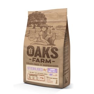 OAK'S FARM suaugusių sterilizuotų kačių sausas begrūdis pašaras su ėriena 2 kg x 4