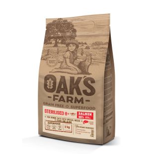 OAK'S FARM senstančių sterilizuotų kačių sausas begrūdis pašaras su lašiša 2 kg x 4