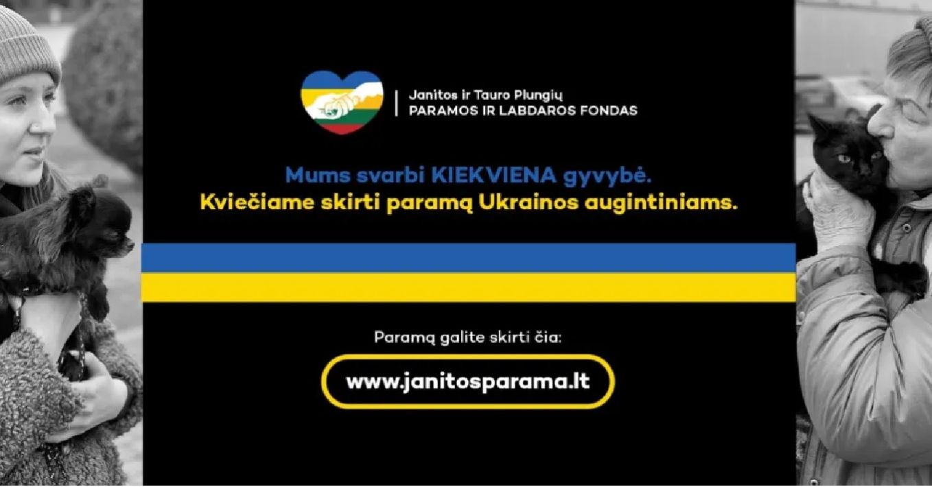 Janitos ir Tauro Plungių labdaros paramos fondo reklama apipavidalinta ukrainos vėliavos spalvomis