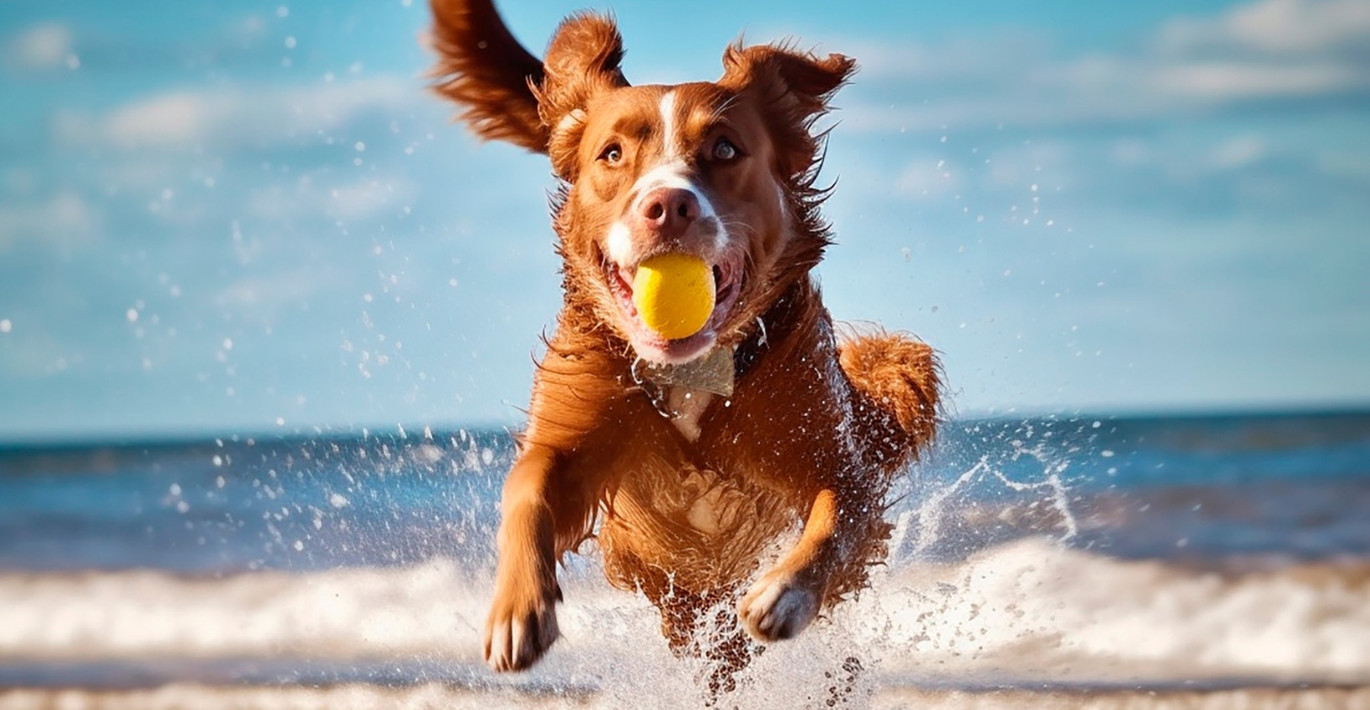 Didelis rudakailis šuo jjūroje žaidžia su plūduriuojančiu žaislu
