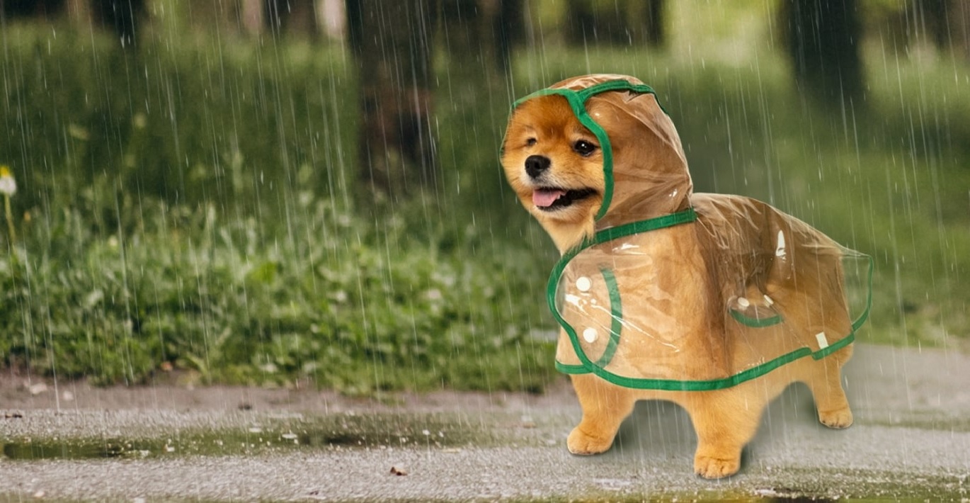 Nedidelis rudakailis šunelis pasivaikščiojime lietingą dieną aprengtas stilingu permatomu lietpalčiu su žaliais krašteliais 