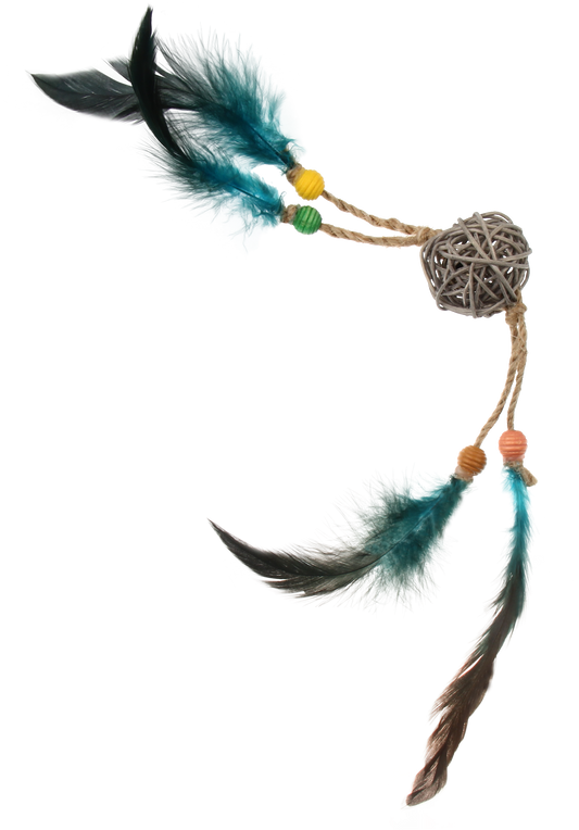 Kačių žaislas - kamuoliukas su plunksnomis ir katžole