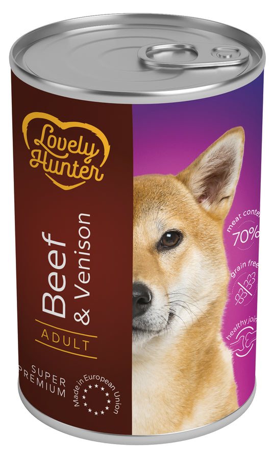 Lovely Hunter konservuotas pašaras suaugusiems šunims su jautiena ir elniena