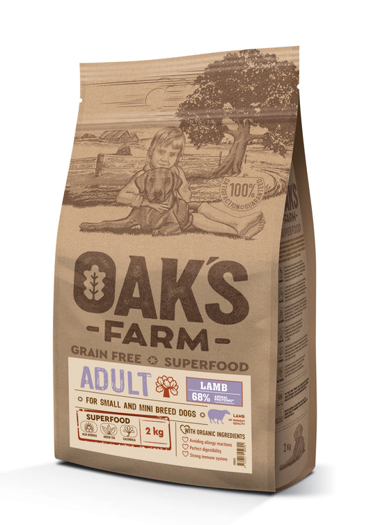 Oak's Farm suaugusių mažų ir labai mažų veislių šunų sausas begrūdis pašaras su ėriena