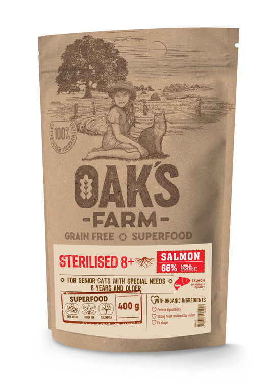Oak's Farm senstančių sterilizuotų kačių sausas begrūdis pašaras su lašiša