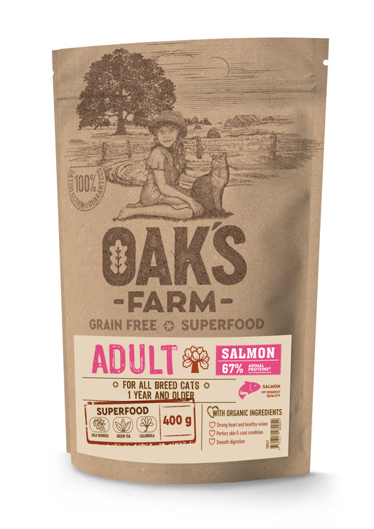 Oak's Farm suaugusių kačių sausas begrūdis pašaras su lašiša