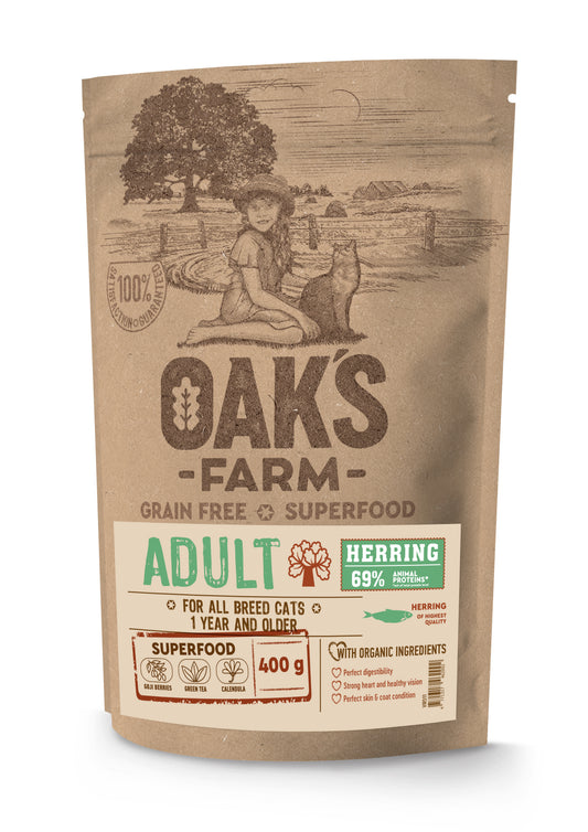 Oak's Farm suaugusių kačių sausas begrūdis pašaras su silke