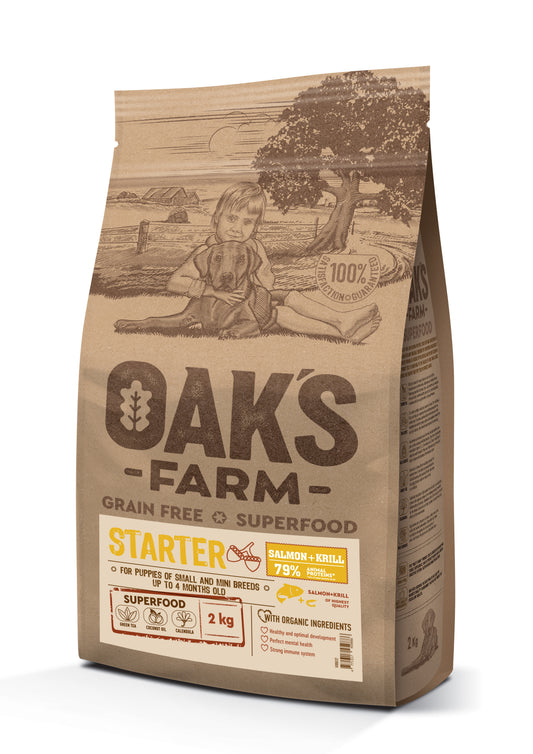 Oak's Farm mažų ir labai mažų veislių junkomų šuniukų sausas begrūdis pašaras su lašiša ir kriliu