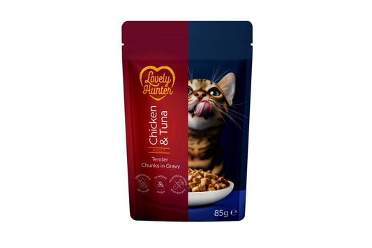 Visų veislių suaugusių kačių šlapias pašaras su vištiena ir tunu