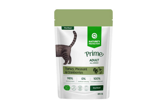 Visų veislių suaugusių, sterilizuotų kačių, šlapias pašaras su kalakutiena, fazanų mėsa ir spanguolėmis