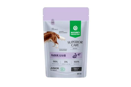 Begrūdis šlapias pašaras jauniems šunims su triušiena ir kriliu