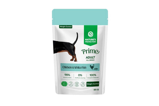 Suaugusių šunų šlapias pašaras su vištiena ir balta žuvimi svorio kontrolei palaikyti