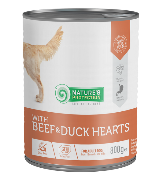 Šunų konservuotas pašaras su jautiena ir ančių širdelėmis