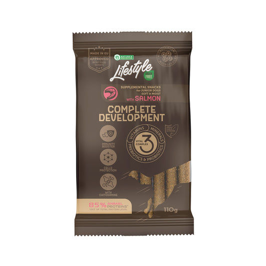 Begrūdis jaunų šunų pašaro papildas - skanėstai su lašiša