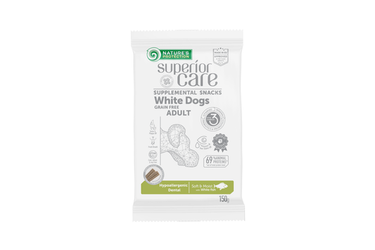 Begrūdis suaugusių šunų pašaro papildas - skanėstai su balta žuvimi