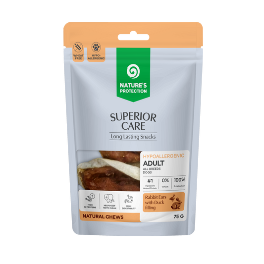 Visų veislių suaugusių šunų skanėstas triušio ausis, su antienos įdaru