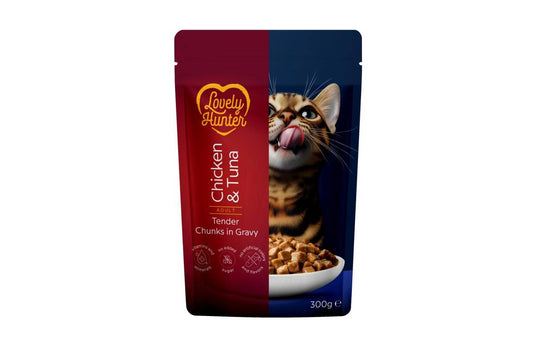 Visų veislių suaugusių kačių šlapias pašaras su vištiena ir tunu