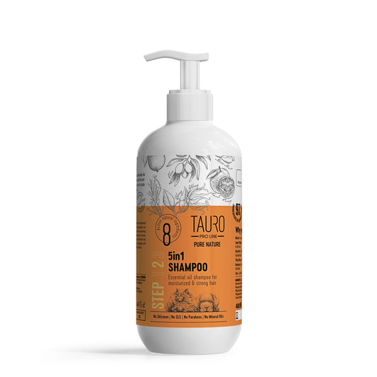 Tauro Pro Line Pure Nature 5in1 šunų ir kačių kailį drėkinantis šampūnas, 400 ml