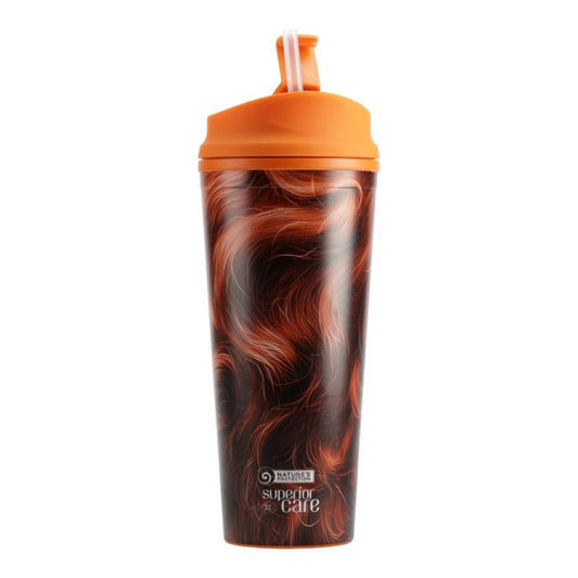 Plastikinė gertuvė su raudono kailio iliustracija ir šiaudeliu