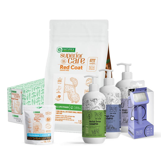 Visų dydžių ir amžiaus raudonkailių šunų produktų rinkinys
