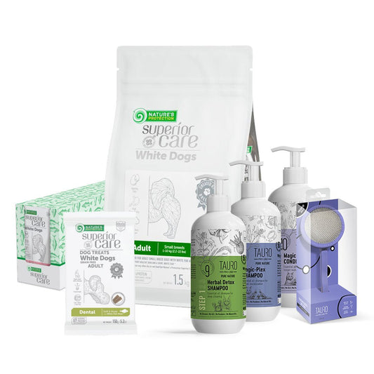 Mažų ir labai mažų baltakailių šunų produktų rinkinys