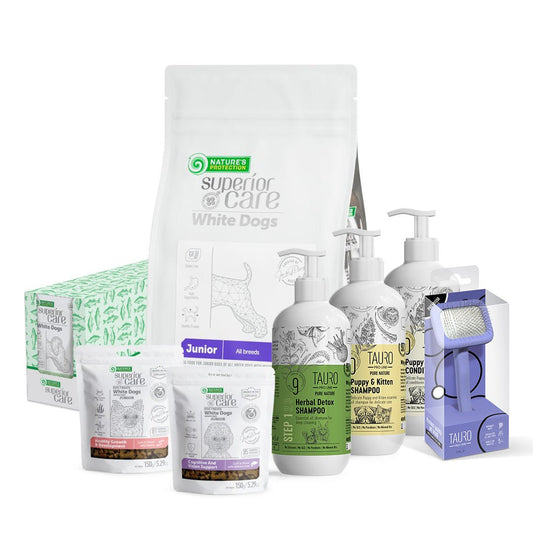 Jaunų visų veislių baltakailių šunų produktų rinkinys