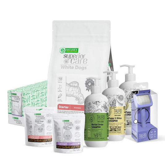 Mažų ir labai mažų baltakailių šuniukų produktų rinkinys